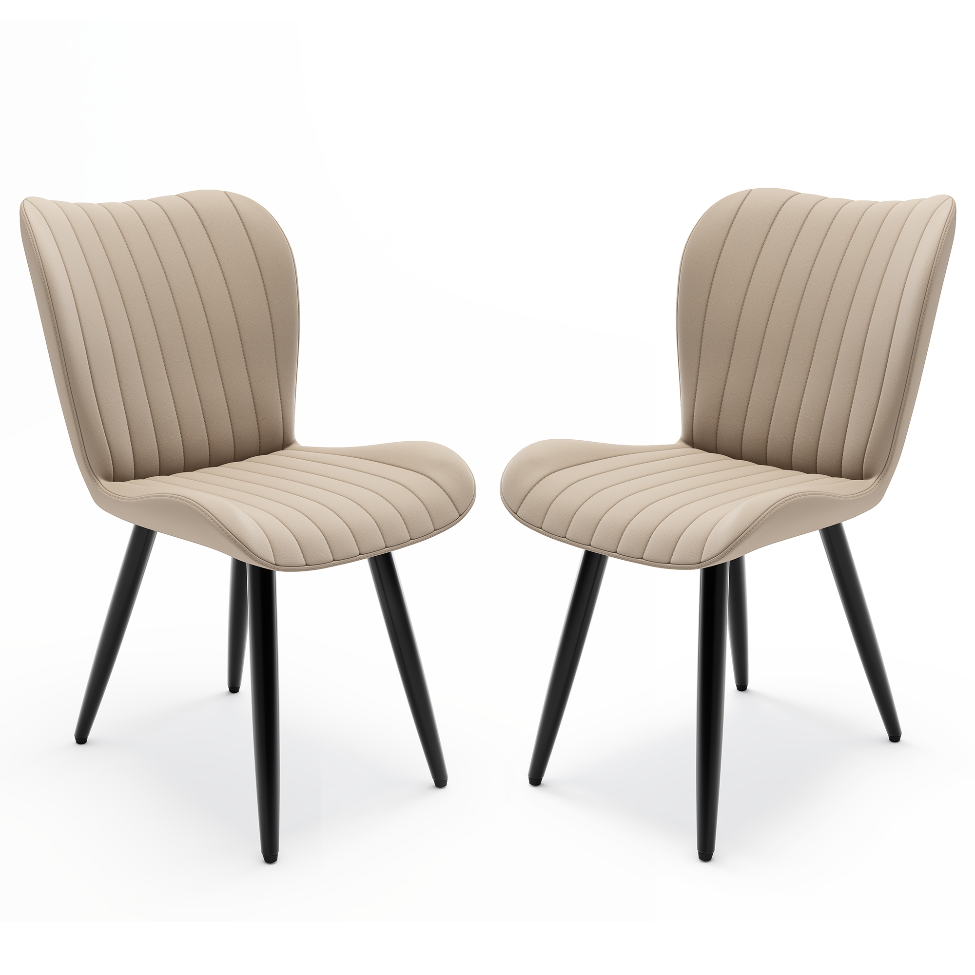 Pair of beige upholstered dining chairs with black tapered legs