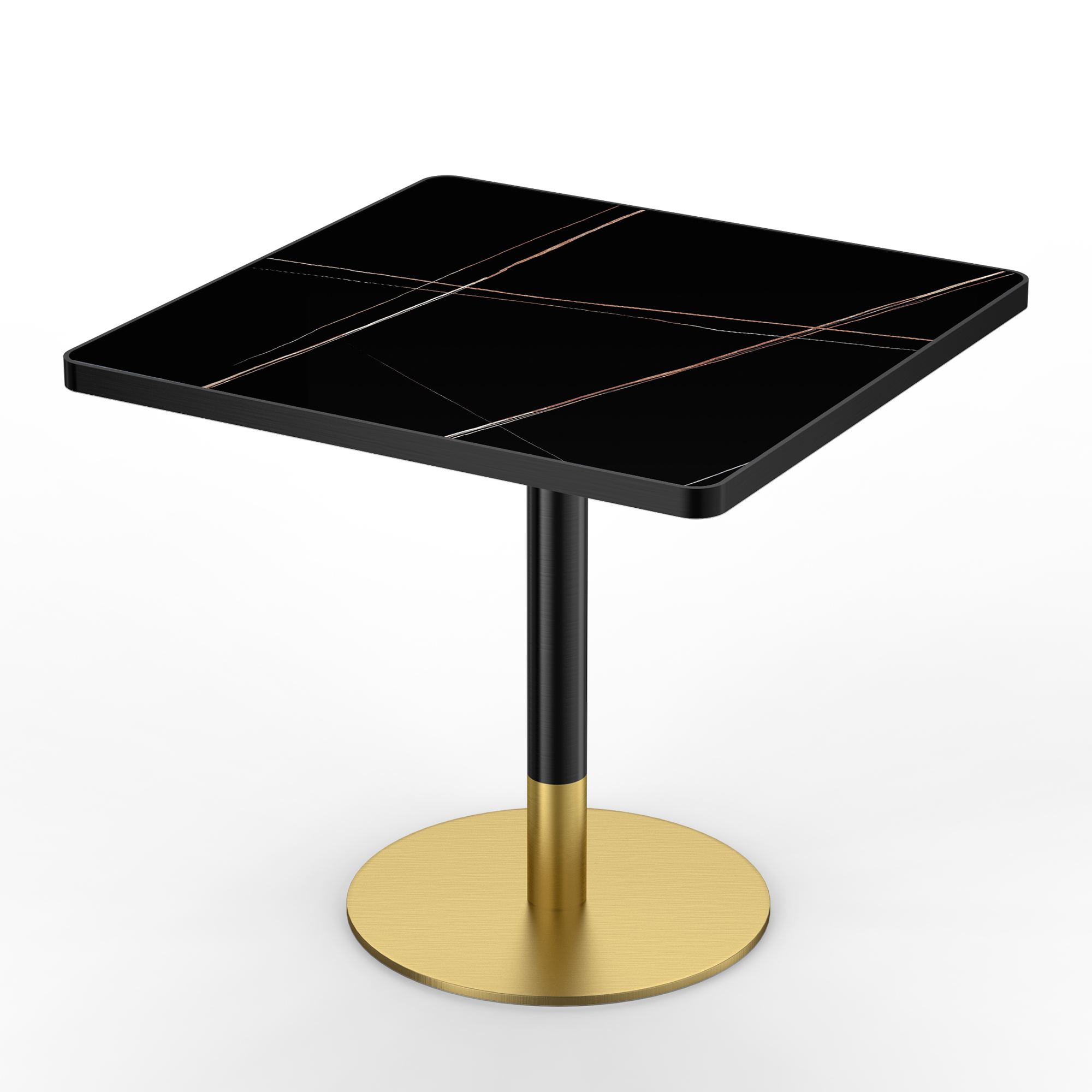 Square pedestal table with a black stone top and fine gold veining