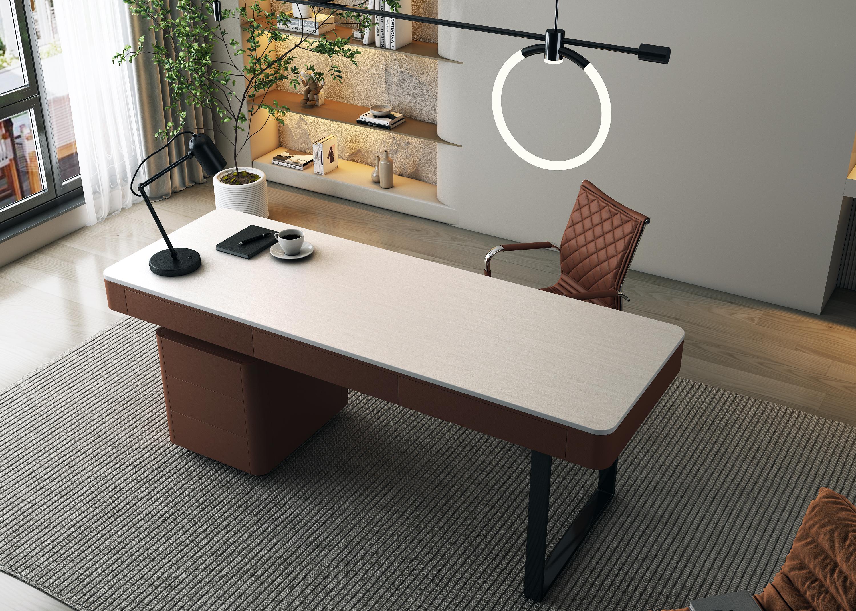 Ivory Travertine sintered stone in a desk setting
