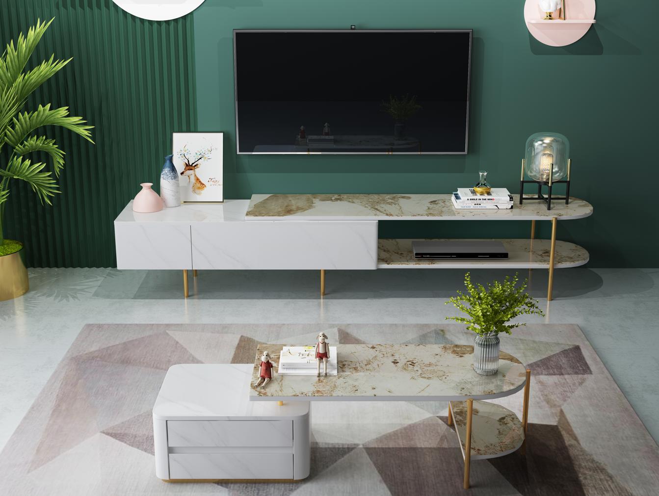 Pandora sintered stone on a coffee table and media unit