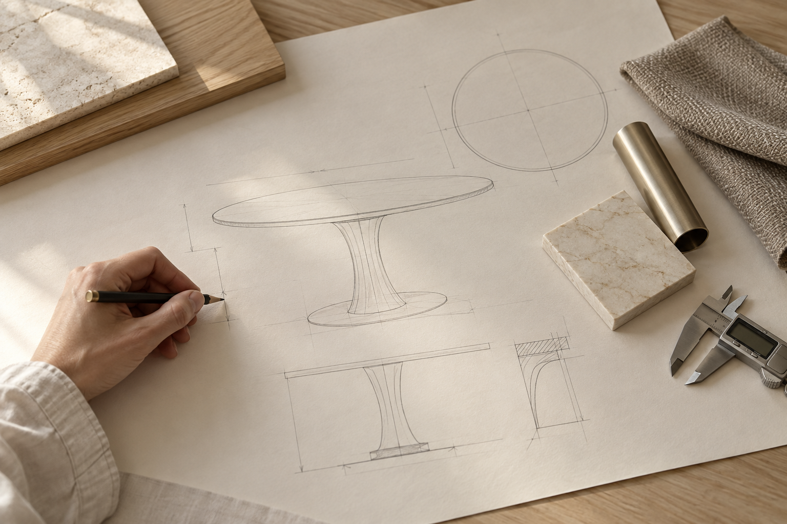 Bespoke design concept: a drawing in progress with measuring tools and material samples.