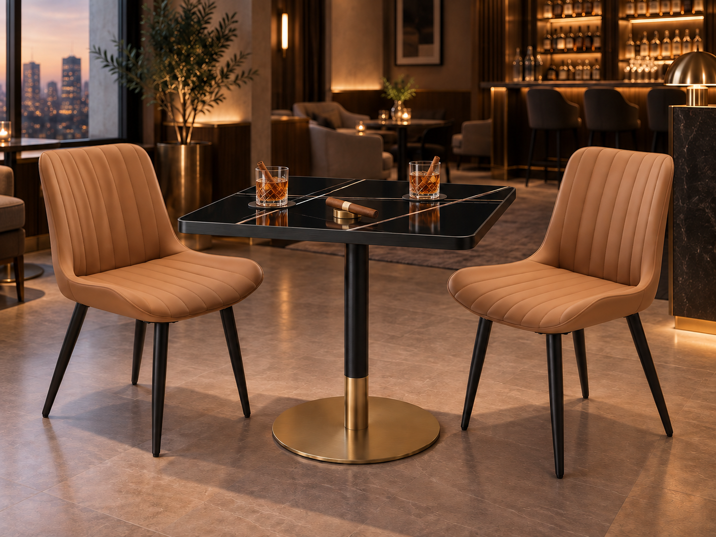 Lauren Black Gold dining table and tan channel-stitched chairs in a cocktail lounge