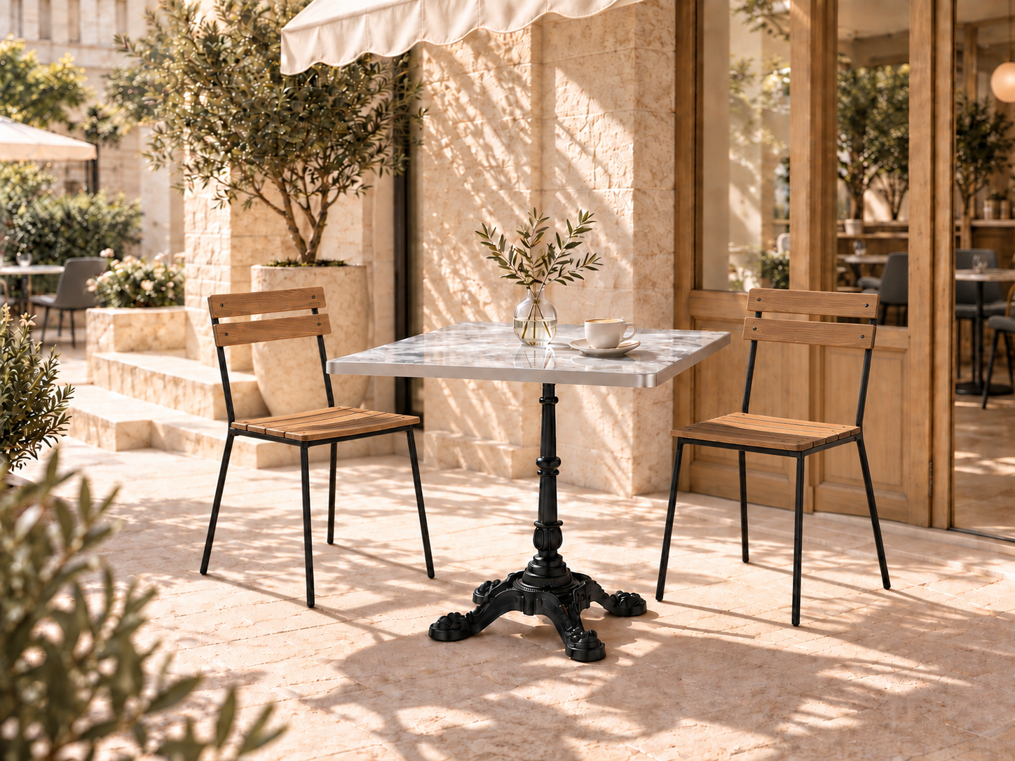 Outdoor Italian Grey square table with wood-slat chairs on slim black frames in a café terrace concept setting