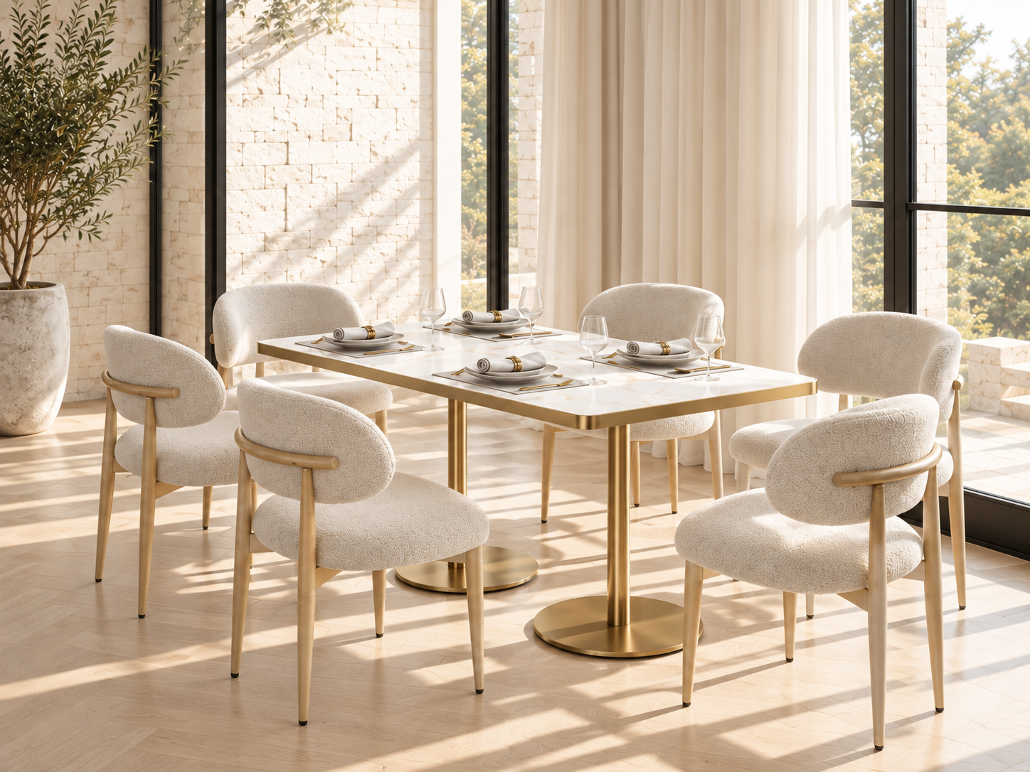 White Jade long table and dining chairs in a bright hospitality concept setting
