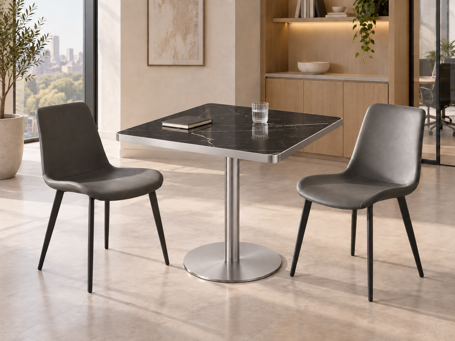 80 cm Black Knight square table with a silver stainless-steel pedestal and grey chairs in an office conversation setting