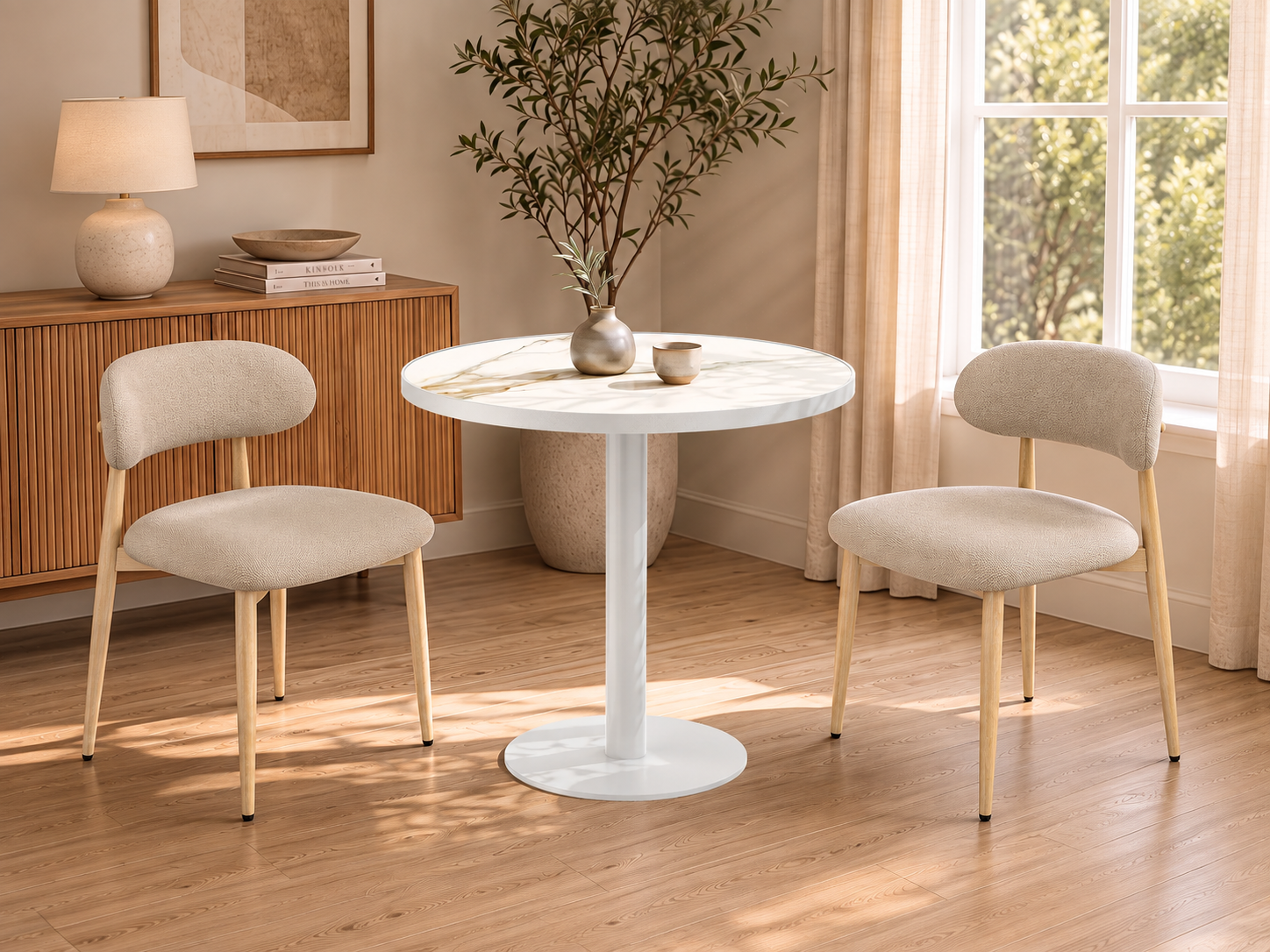 White Jade round table and cream horn chairs in a quiet lounge concept setting