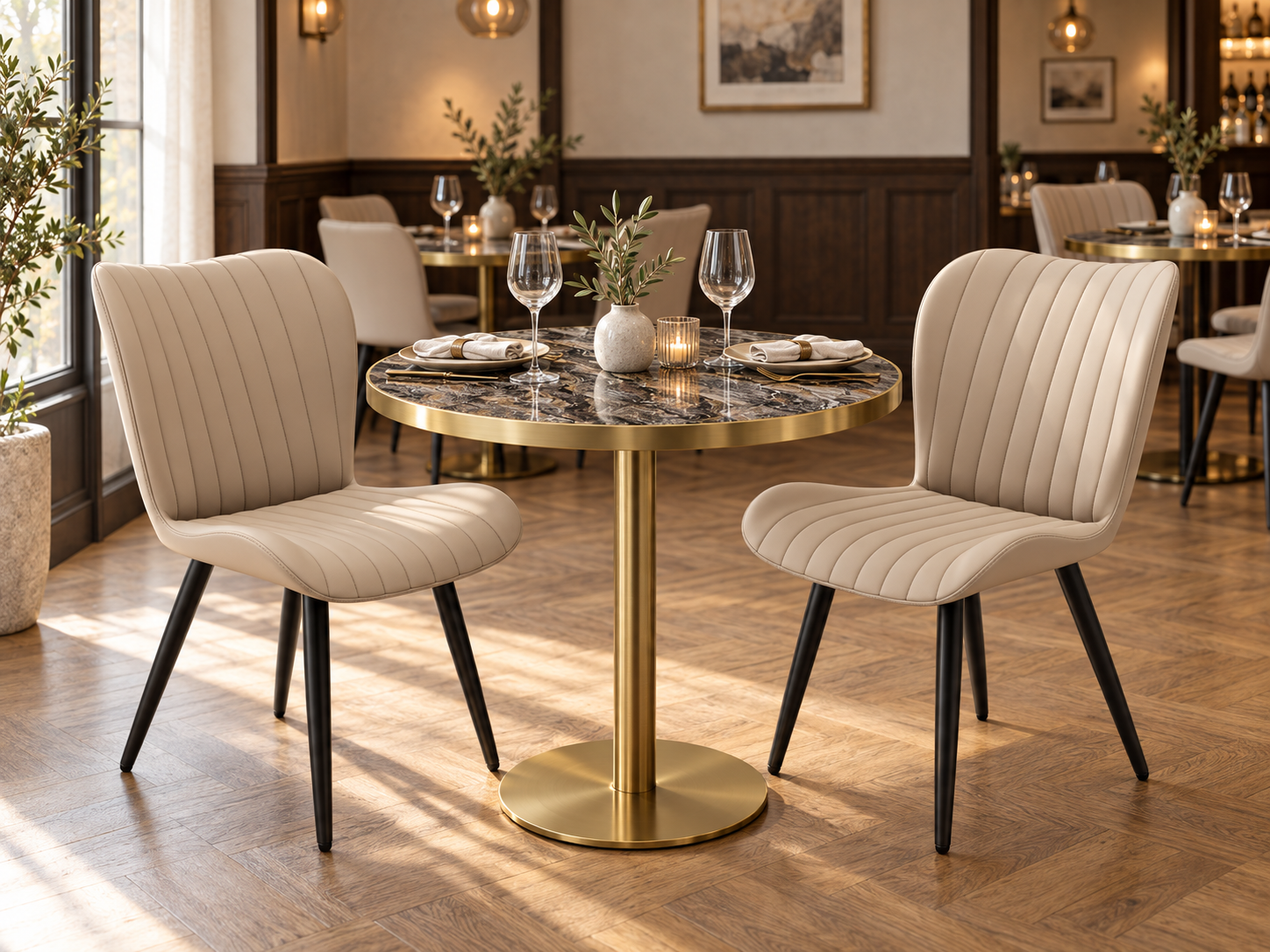 Venetian Brown round table and beige Shell dining chairs in a warm European restaurant interior