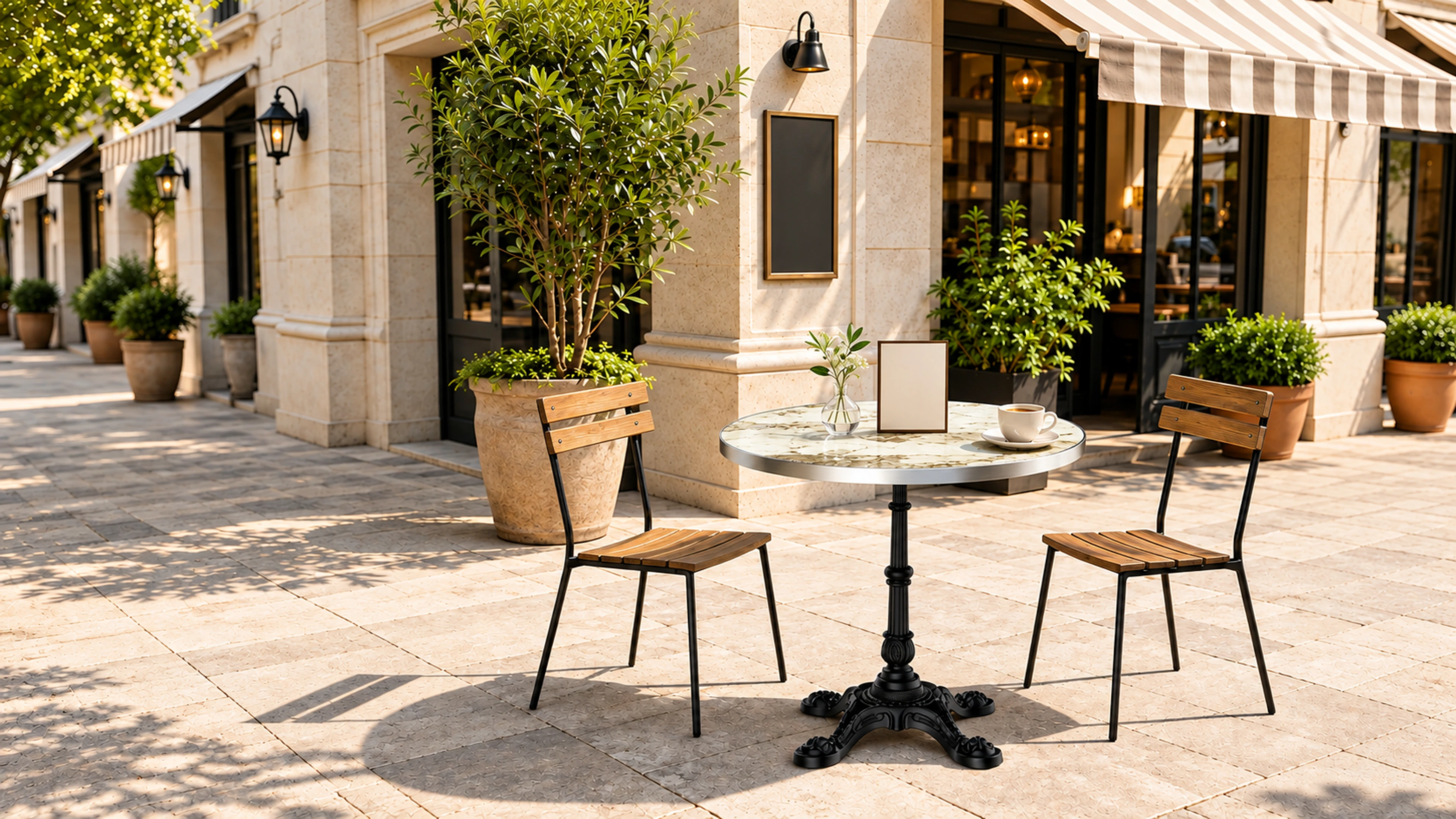 Aurova round table and wooden chairs in a café spatial study