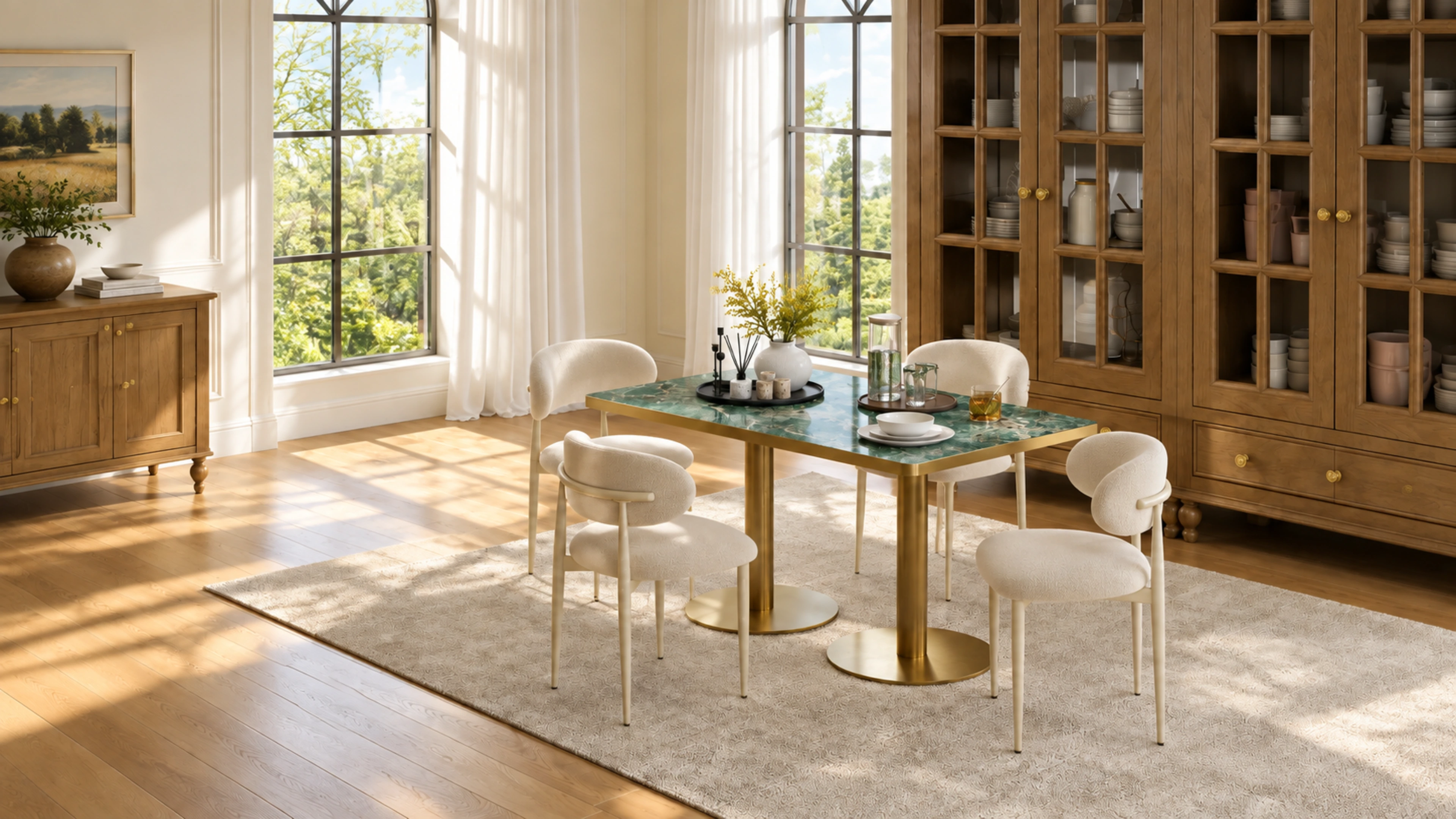 Aurova green sintered-stone dining table and chairs in an interior spatial study