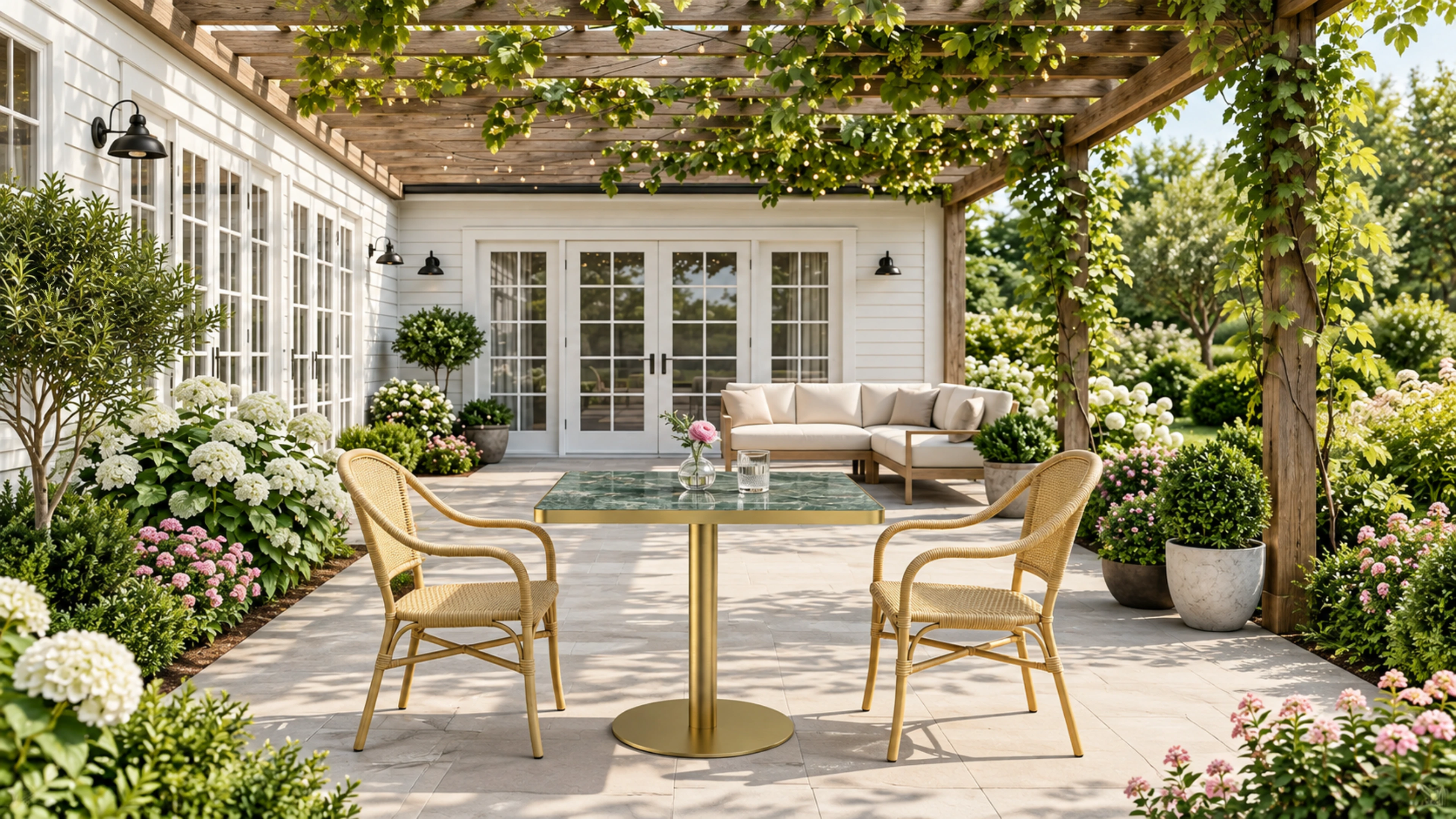 Aurova table and dining chairs arranged on a garden terrace